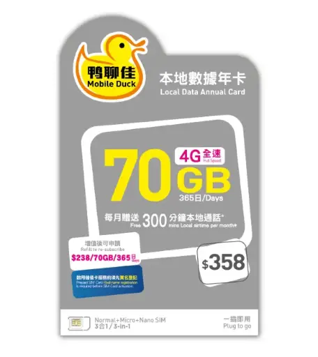 鴨聊徍 70GB 本地 365日 數據卡 ( 4g 數據卡 | 香港數據卡 )